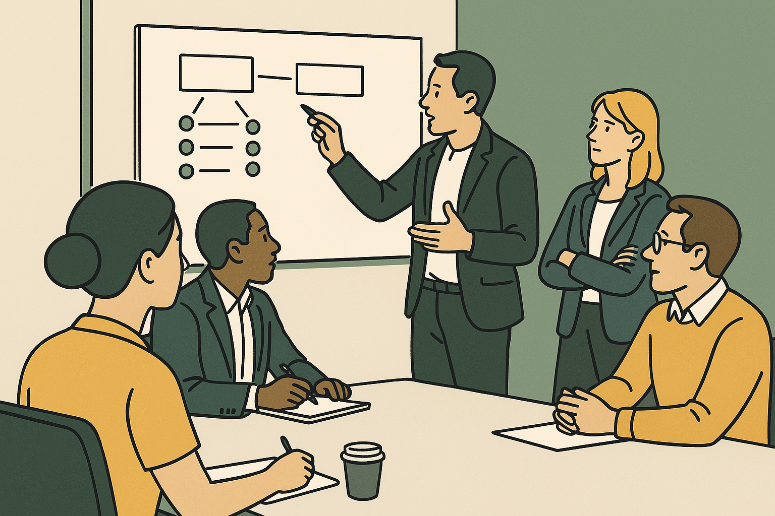 A boardroom with employees collaborating on a whiteboard